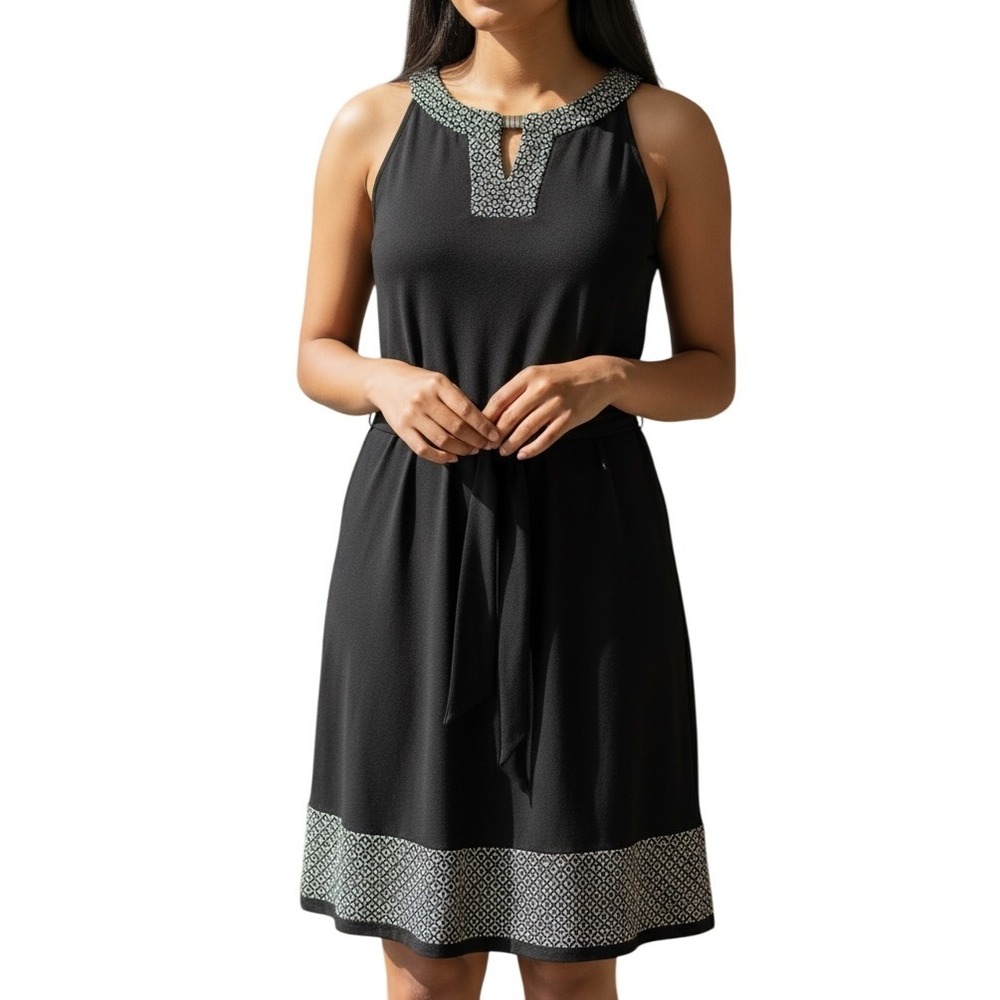 White House Black Market Dress Sleeveless Black‎ XS Geo Print Tie Waist